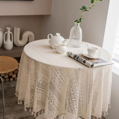 Beige Round Lace Tablecloth Tassels Romantic Crochet Cover Scarf Openwork Mat