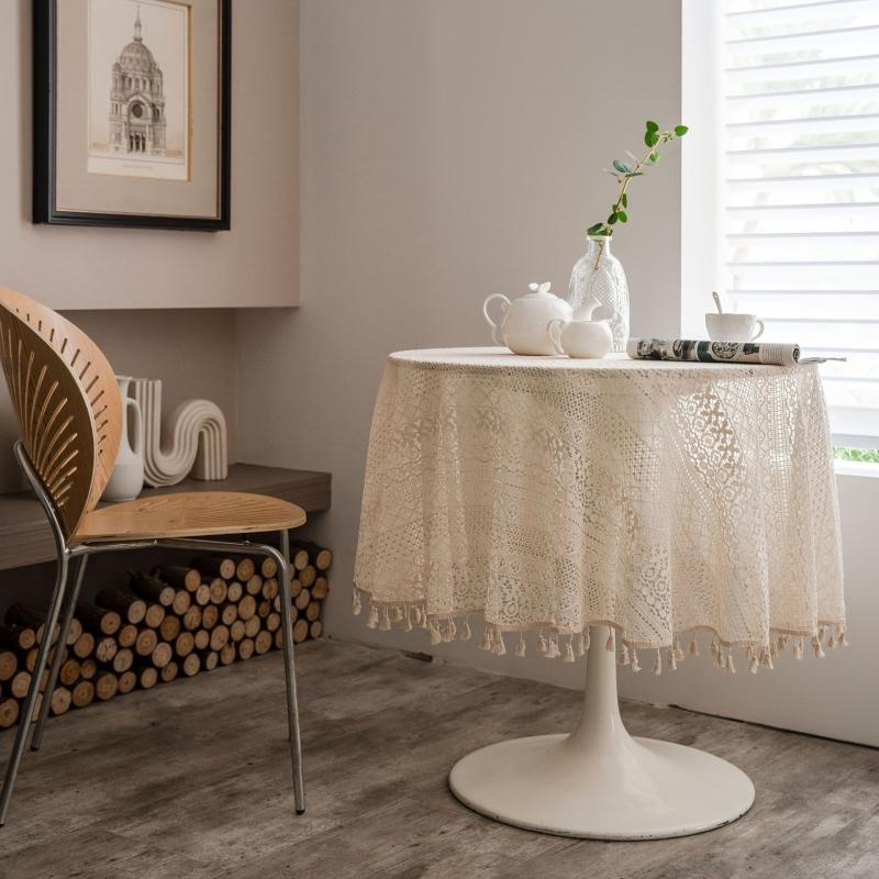 Beige Round Lace Tablecloth Tassels Romantic Crochet Cover Scarf Openwork Mat