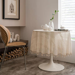 Beige Round Lace Tablecloth Tassels Romantic Crochet Cover Scarf Openwork Mat