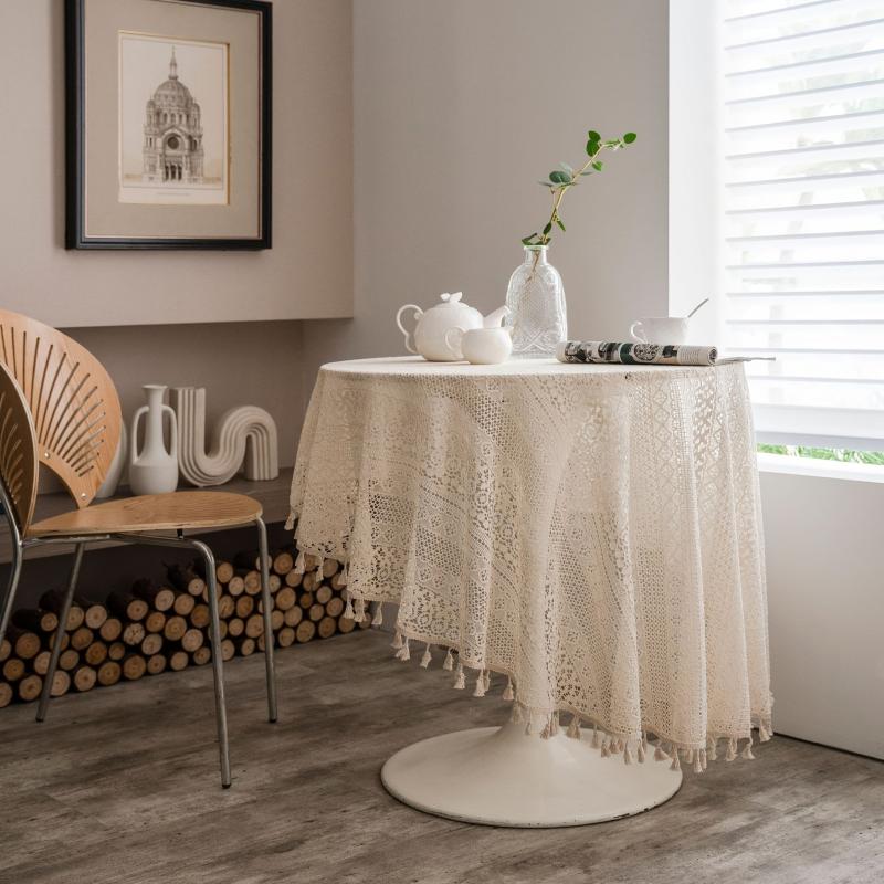 Beige Round Lace Tablecloth Tassels Romantic Crochet Cover Scarf Openwork Mat