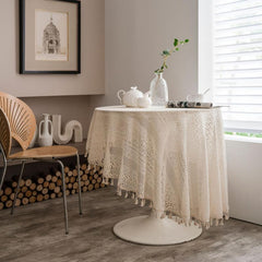 Beige Round Lace Tablecloth Tassels Romantic Crochet Cover Scarf Openwork Mat