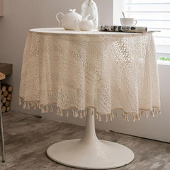 Beige Round Lace Tablecloth Tassels Romantic Crochet Cover Scarf Openwork Mat