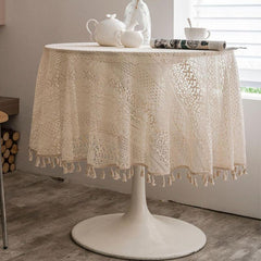 Beige Round Lace Tablecloth Tassels Romantic Crochet Cover Scarf Openwork Mat