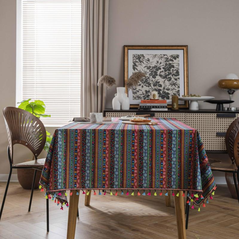 Boho Style Waterproof Tablecloth Colorful Tassel Rectangle