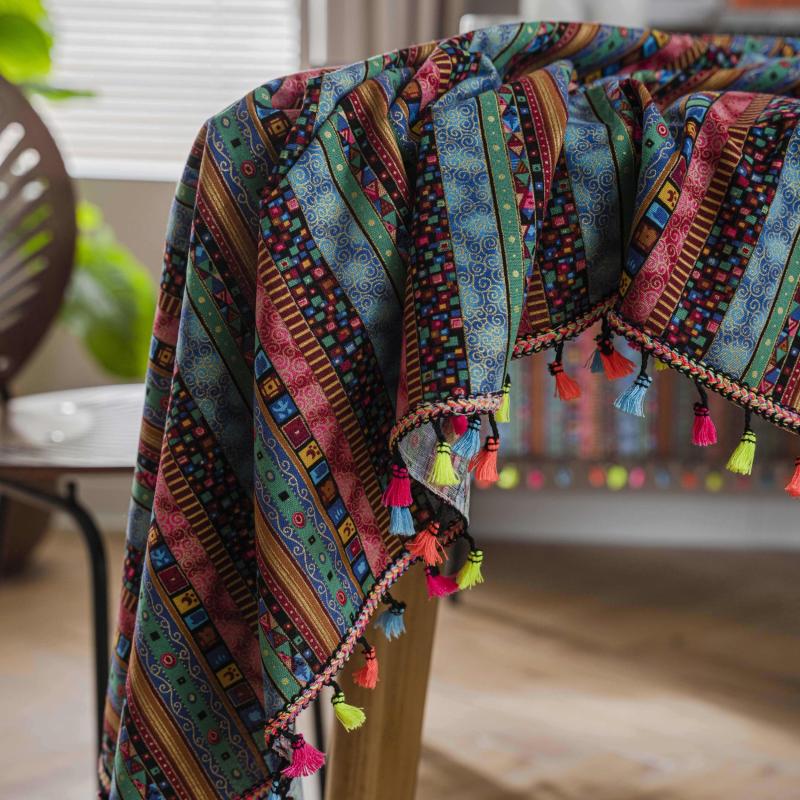 Boho Style Waterproof Tablecloth Colorful Tassel Rectangle