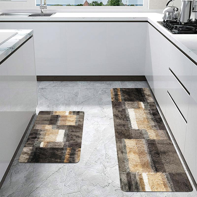 Geometric Fuzzy Coffee Kitchen Rugs Absorbent Non Slip