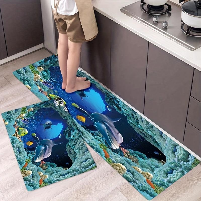 Absorbent Non Slip Dolphin Ocean Fish Printed Kitchen Rugs