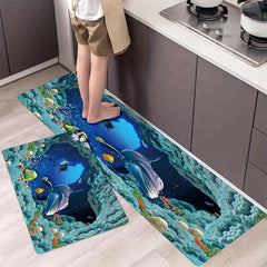 Absorbent Non Slip Dolphin Ocean Fish Printed Kitchen Rugs