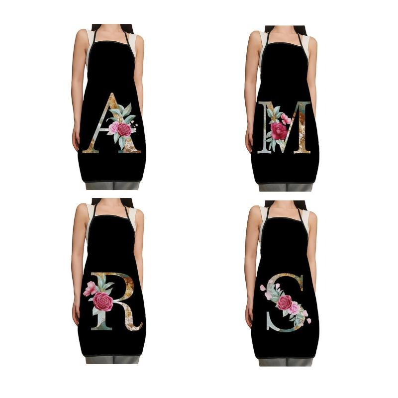 Polyester Flower & Letter Printed Waterproof Waist Apron Kitchen Supplies