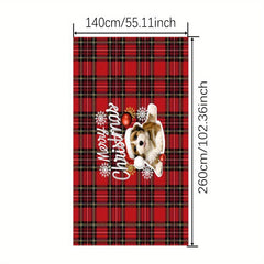 Polyester Tablecloth Red Plaid Puppy Pattern Merry Christmas Table Cover