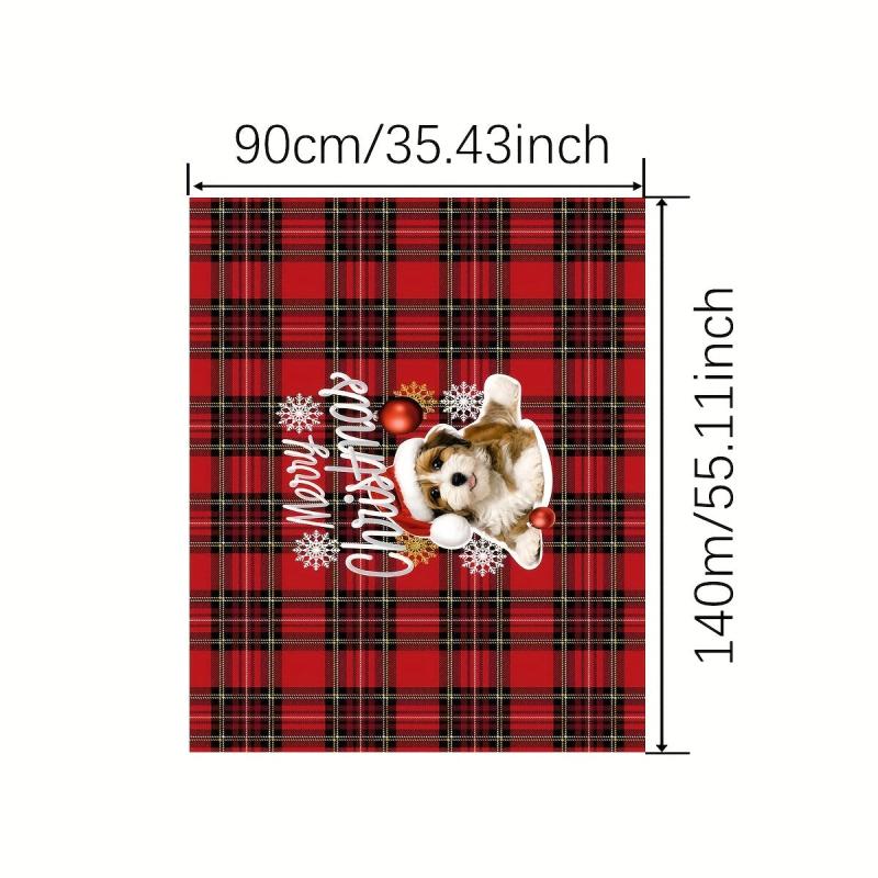 Polyester Tablecloth Red Plaid Puppy Pattern Merry Christmas Table Cover