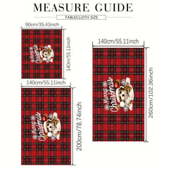 Polyester Tablecloth Red Plaid Puppy Pattern Merry Christmas Table Cover