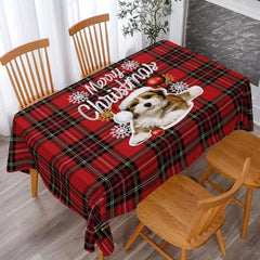Polyester Tablecloth Red Plaid Puppy Pattern Merry Christmas Table Cover