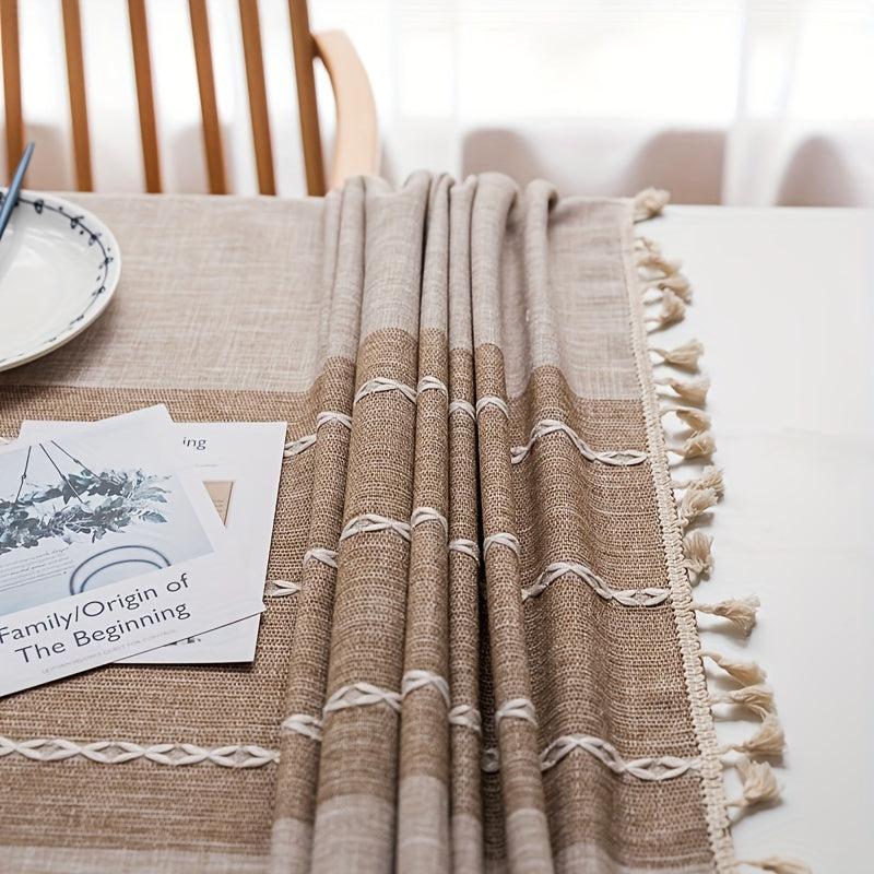 Embroidery Tablecloth With Built in Table Runner Boho Linen Stripe Ethnic Style