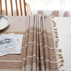 Embroidery Tablecloth With Built in Table Runner Boho Linen Stripe Ethnic Style