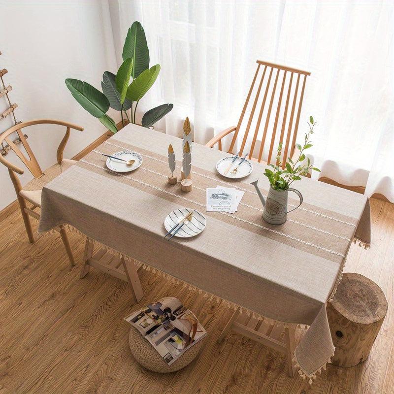 Embroidery Tablecloth With Built in Table Runner Boho Linen Stripe Ethnic Style