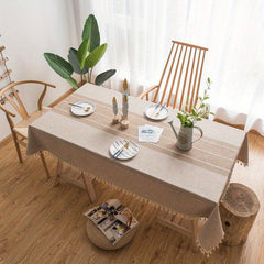 Embroidery Tablecloth With Built in Table Runner Boho Linen Stripe Ethnic Style