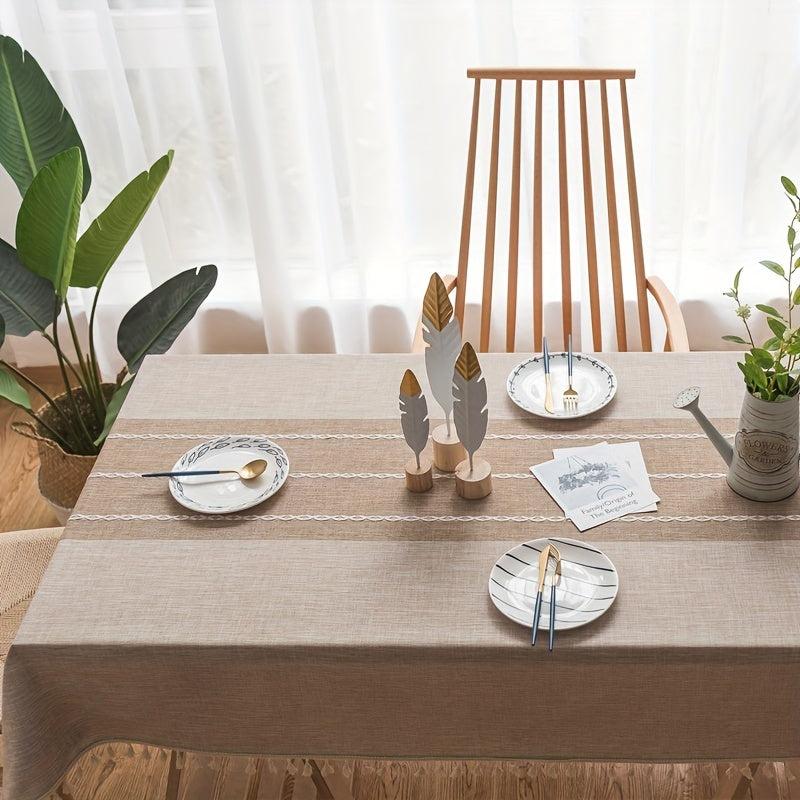 Embroidery Tablecloth With Built in Table Runner Boho Linen Stripe Ethnic Style