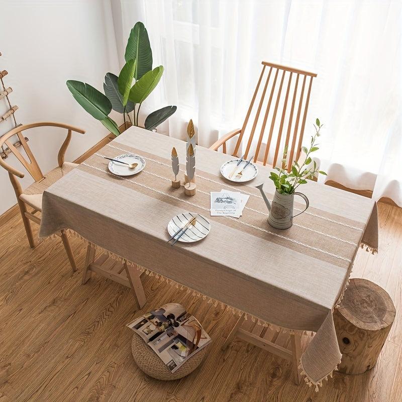 Embroidery Tablecloth With Built in Table Runner Boho Linen Stripe Ethnic Style