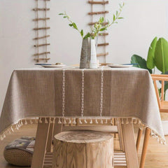 Embroidery Tablecloth With Built in Table Runner Boho Linen Stripe Ethnic Style