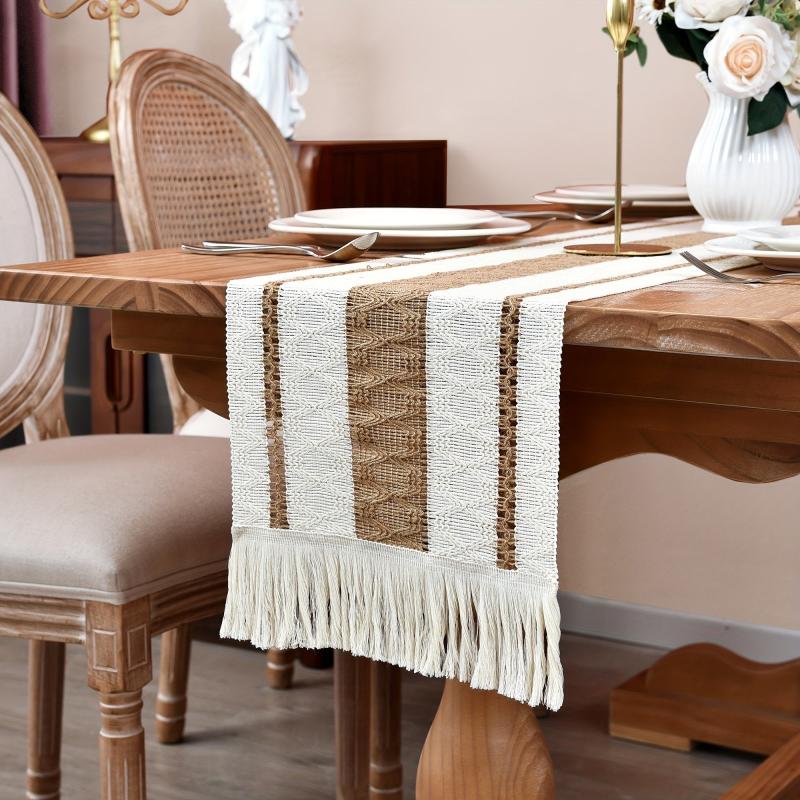 Macrame Table Runner Burlap Cream Beige Boho Tassels Wedding Bridal