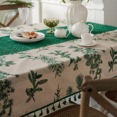 Cotton Tablecloth Green Pine Cone Crochet Cover Pine Branch Printing Fresh