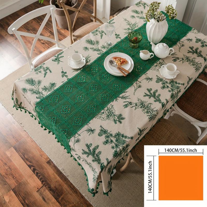 Cotton Tablecloth Green Pine Cone Crochet Cover Pine Branch Printing Fresh