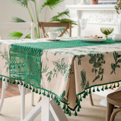 Cotton Tablecloth Green Pine Cone Crochet Cover Pine Branch Printing Fresh