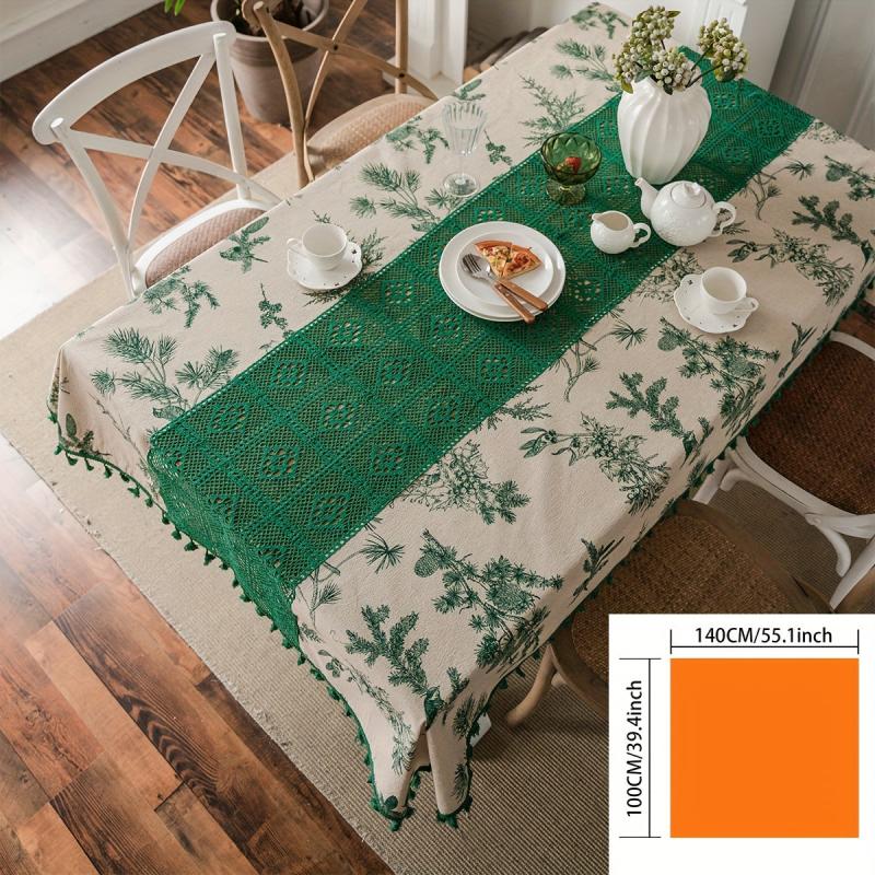 Cotton Tablecloth Green Pine Cone Crochet Cover Pine Branch Printing Fresh