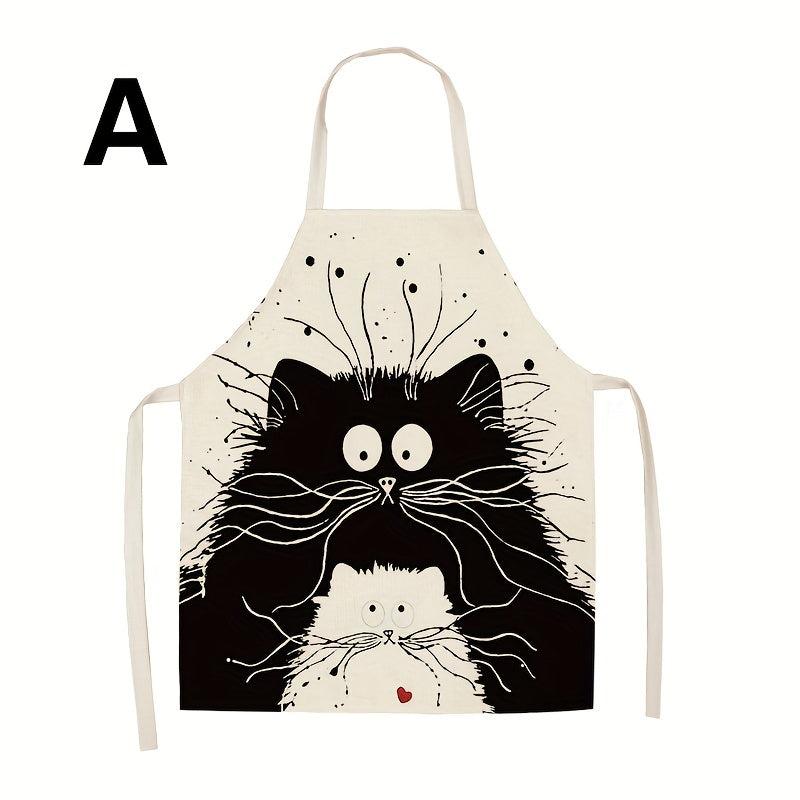 Cat Printed Linen Apron Adjustable & Stain Resistant Halter Apron