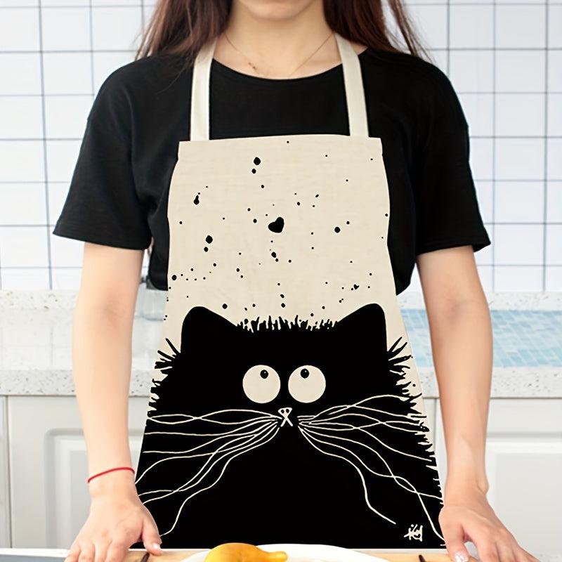 Cat Printed Linen Apron Adjustable & Stain Resistant Halter Apron