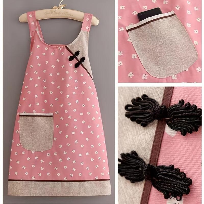 Chinese Style Buckle Apron Comfortable Breathable Housework Catering Work Clothe
