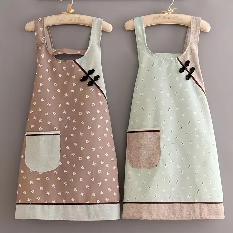 Chinese Style Buckle Apron Comfortable Breathable Housework Catering Work Clothe