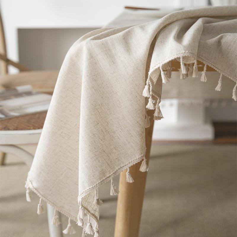Fringed Beige Linen Tablecloth - Farmhouse Style Dust Table Cover