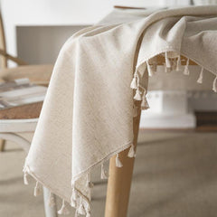 Fringed Beige Linen Tablecloth - Farmhouse Style Dust Table Cover
