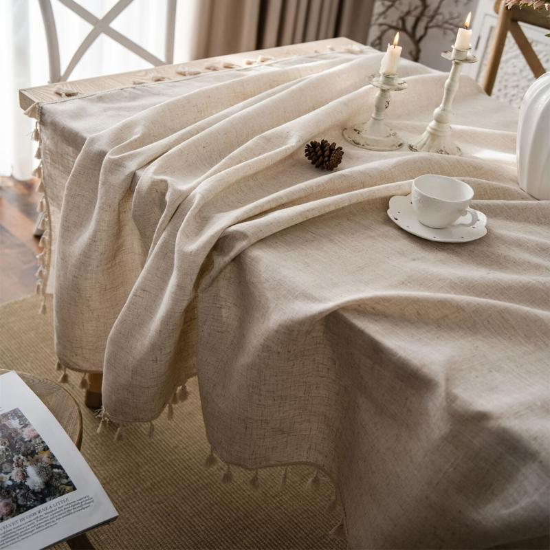 Fringed Beige Linen Tablecloth - Farmhouse Style Dust Table Cover