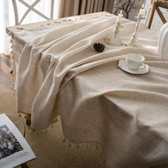 Fringed Beige Linen Tablecloth - Farmhouse Style Dust Table Cover