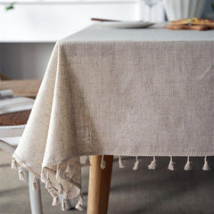 Fringed Beige Linen Tablecloth - Farmhouse Style Dust Table Cover