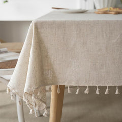 Fringed Beige Linen Tablecloth - Farmhouse Style Dust Table Cover