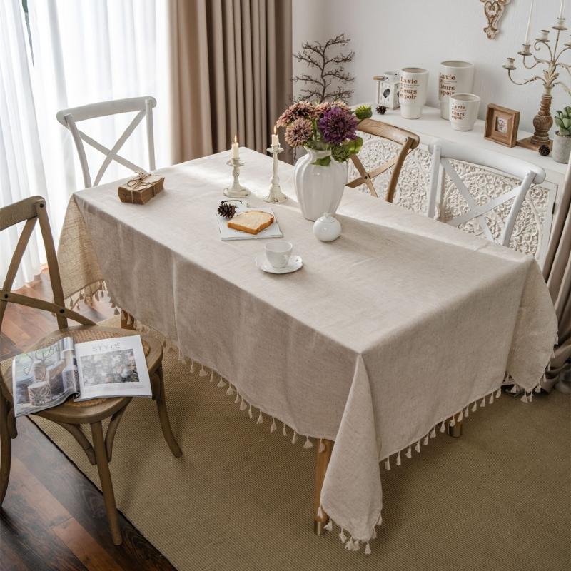 Fringed Beige Linen Tablecloth - Farmhouse Style Dust Table Cover