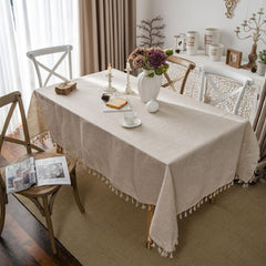 Fringed Beige Linen Tablecloth - Farmhouse Style Dust Table Cover