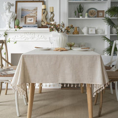 Fringed Beige Linen Tablecloth - Farmhouse Style Dust Table Cover