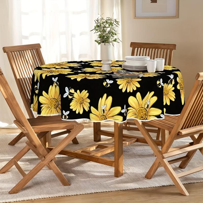Waterproof Yellow Sunflower Bumble Bee Tablecloth Rectangle Style
