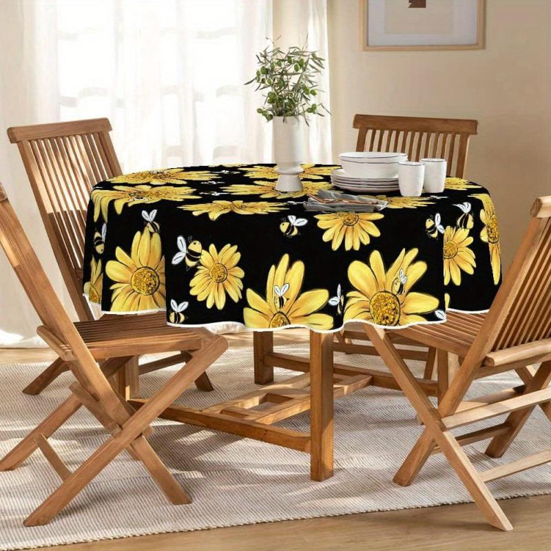 Waterproof Yellow Sunflower Bumble Bee Tablecloth Rectangle Style