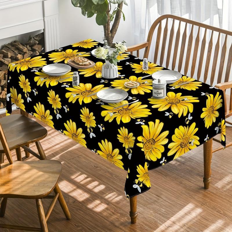 Waterproof Yellow Sunflower Bumble Bee Tablecloth Rectangle Style