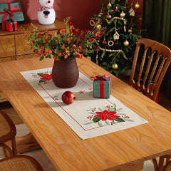 Polyester Embroidered Table Runner Christmas Theme Red Flower Pattern