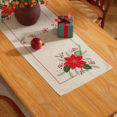 Polyester Embroidered Table Runner Christmas Theme Red Flower Pattern