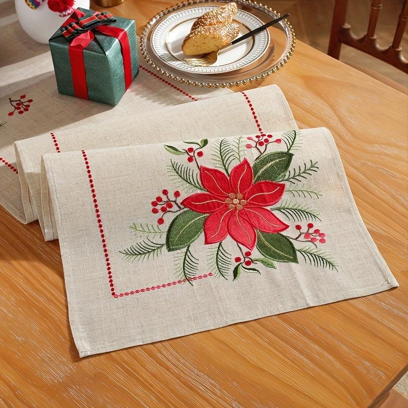 Polyester Embroidered Table Runner Christmas Theme Red Flower Pattern