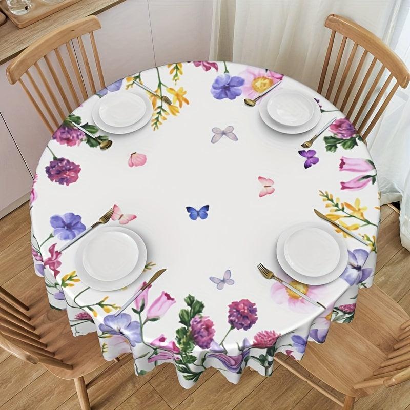 Flower Round Tablecloth Stain Resistant Water Repellent Dining Table Cover