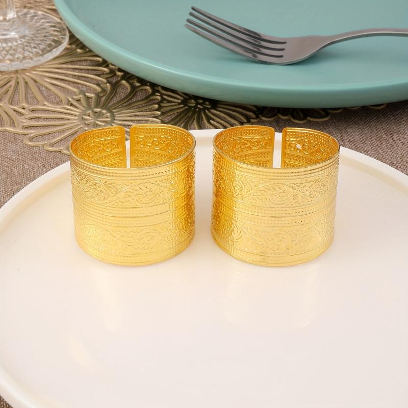 2pcs Golden Napkin Rings Floral Pattern Cast Iron Polished Metal Christmas Decor